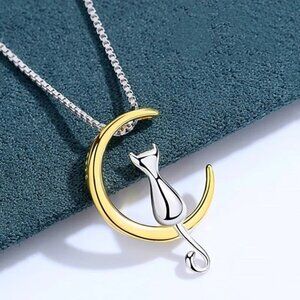 New 925 Sterling Silver IG Style Sweet Moon Cat Pendant Necklace